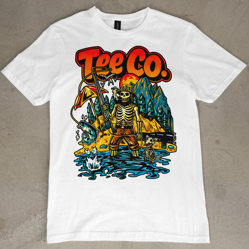 Tee Co. T-Shirt Fishing Dog Retro Vintage NEW
