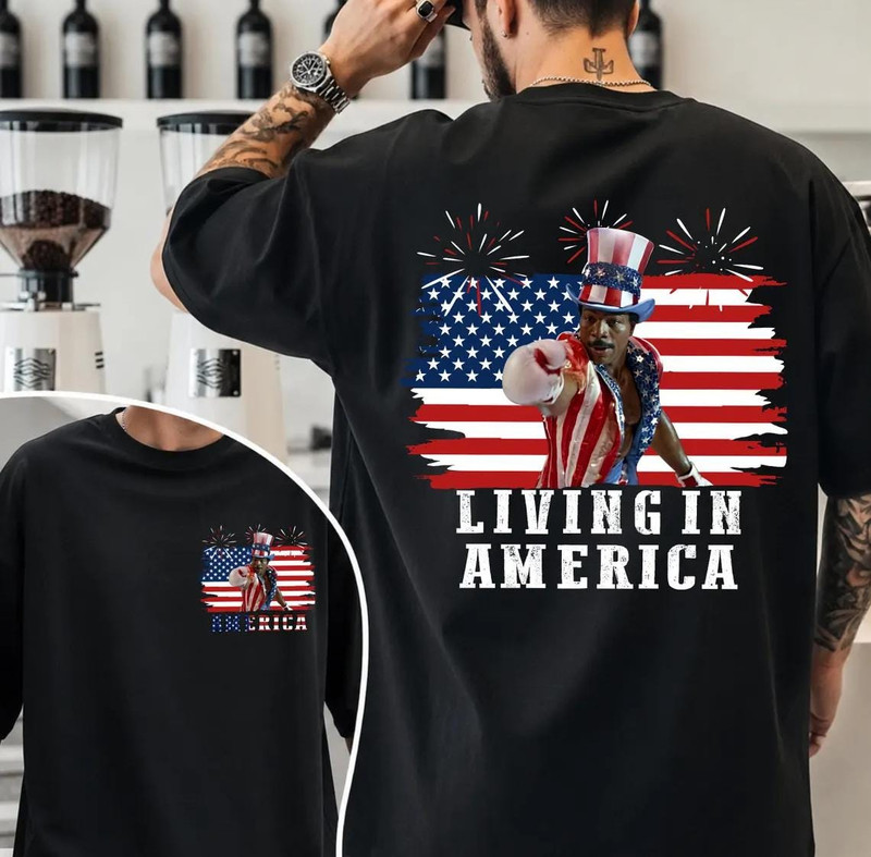 Apollo Creed Living in America Patriotic USA Flag T-Shirt 2 Sides