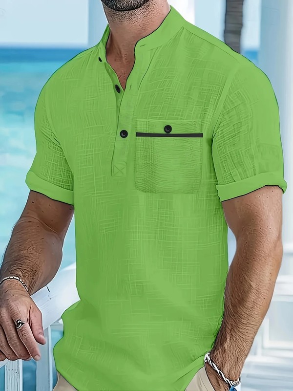Mens Cotton Solid Color Shirt Stand Collar Casual Business Summer Beach Fun Gift gallery