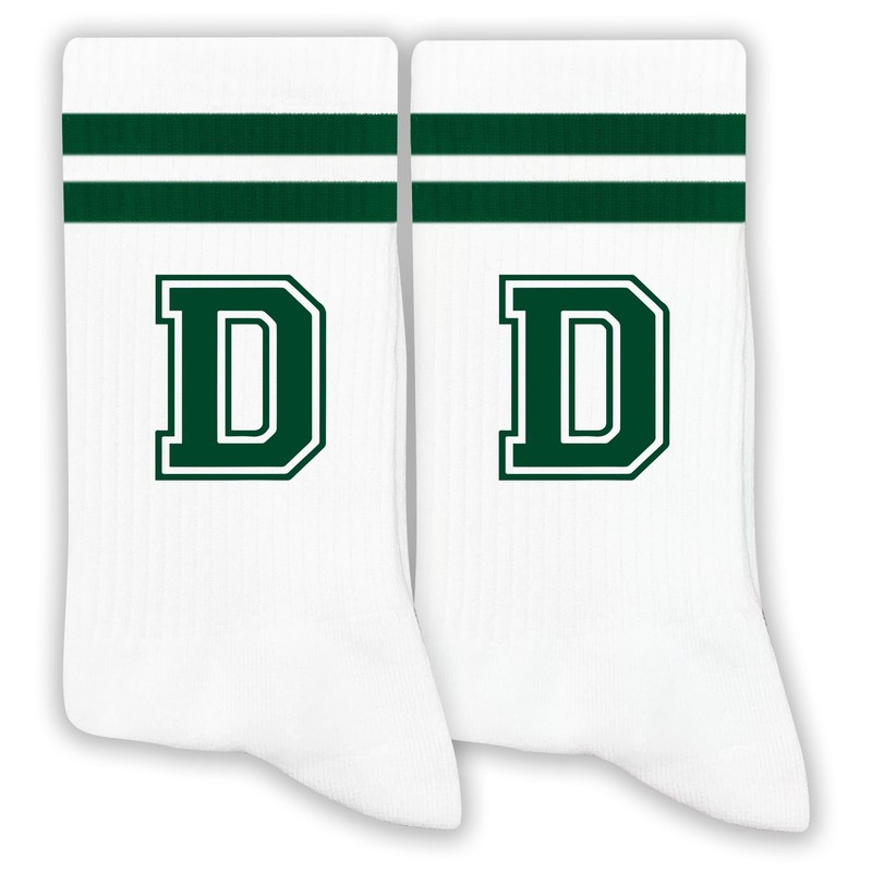 Dark Green Initial Stripes Socks with Letter D, Retro Athletic Style Socks, P…