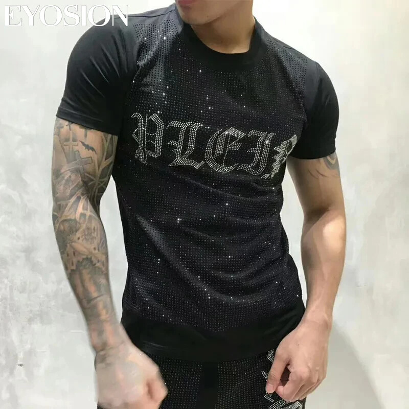 New Fashion Trend Rhinestone Summer Short Sleeve Luxury Men Cotton Black T-Shirt