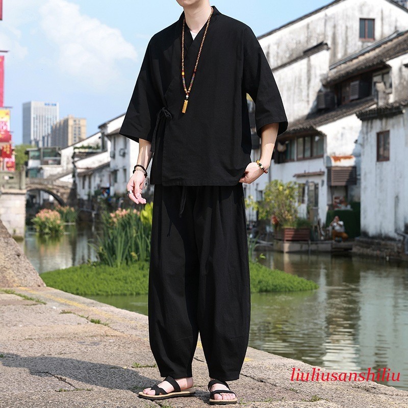 Retro Chinese Style Men's 3/4 Sleeve Shirt Top Ankle Pants Casual Loose 2pcs Set gallery