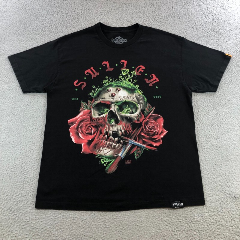 sullen art collective T shirt mens L black skull roses david kokot