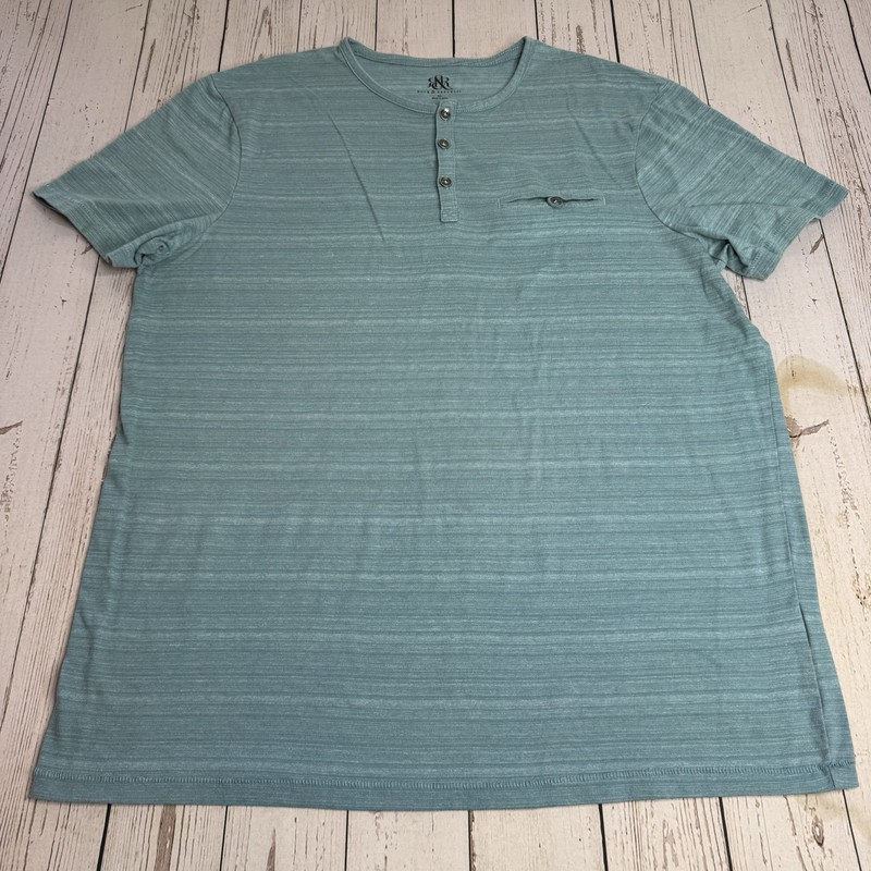 Rock & Republic Short Sleeve Henley T Shirt Pocket Buttons Mens XL Teal Striped