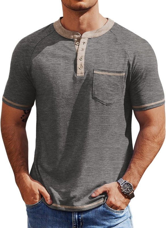 Men Short Sleeve Henley Button Tees Casual Vintage Summer T Shirts with Pocket
