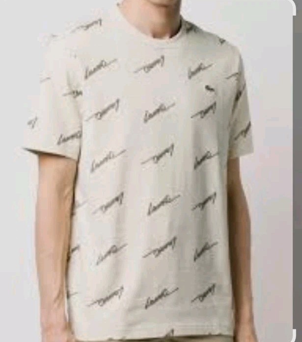 Lacoste Live All Over Logo Print T Shirt Size L Crewneck Beige