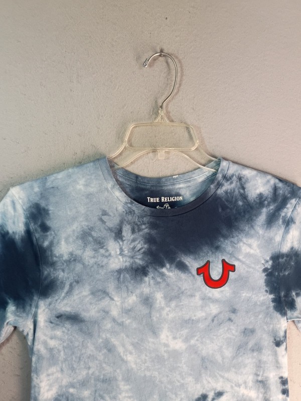 True Religion Buddha Logo Tie Dye Shirt XS Blue Short Sleeve Crewneck Pullover gallery