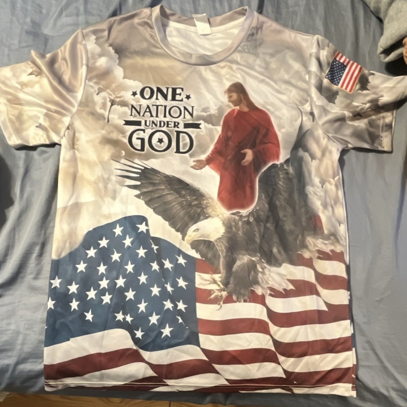 One Nation Under God Jesus Eagle Flag Graphic Men’s T-Shirt Polyester L