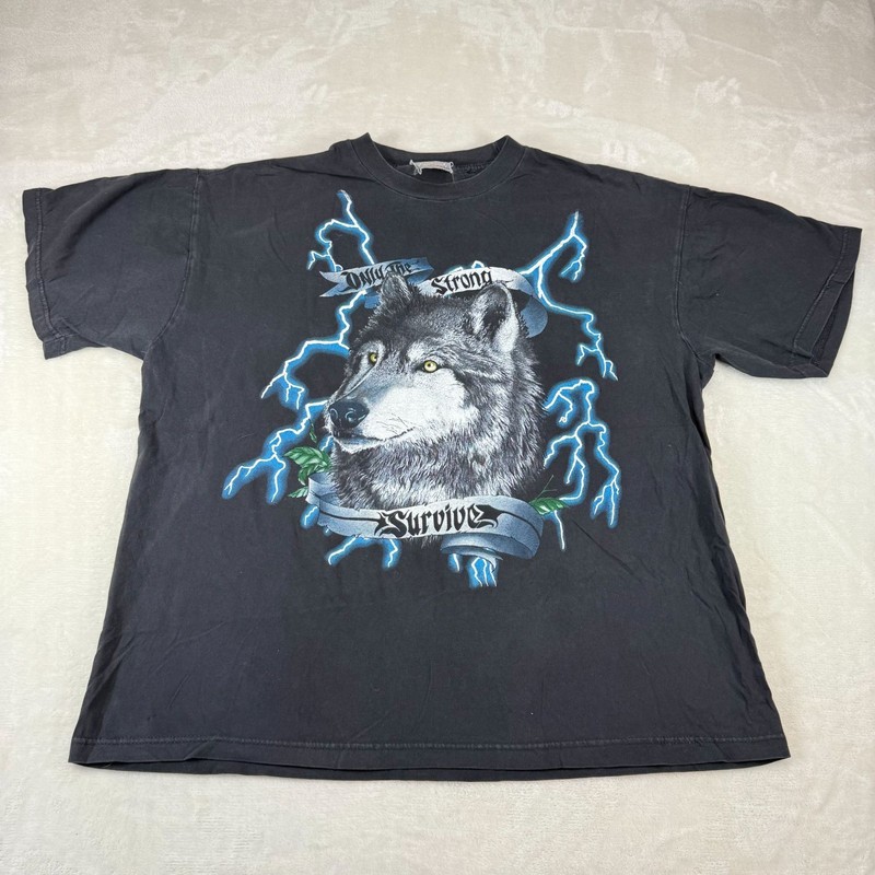 Vintage 90s American Thunder Only The Strong Survive Wolf Lightning XXL Mens T S
