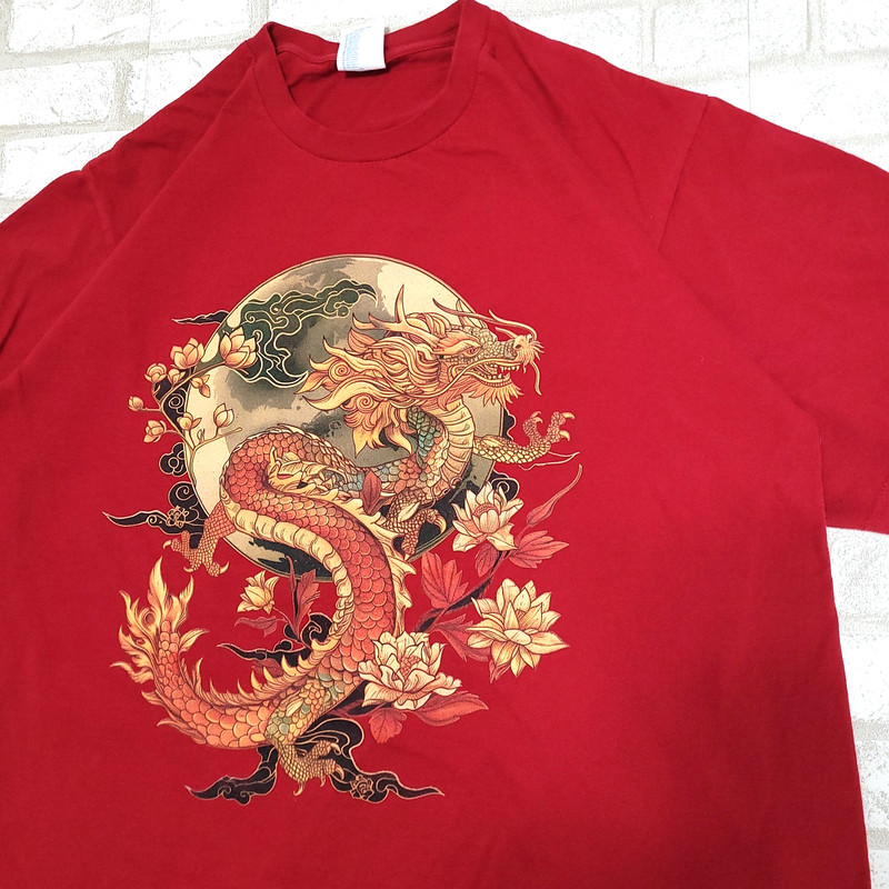 Y2K Japanese Dragon Lotus Flower Red T-Shirt Skater Style Graphic Tee Mens XL