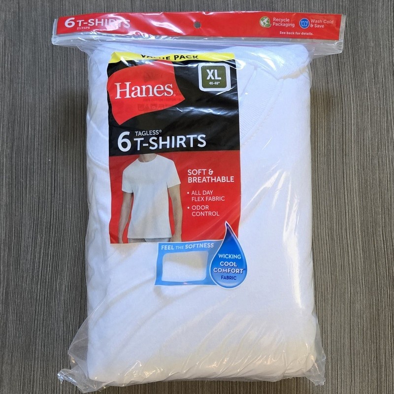 Men’s Hanes ComfortSoft Moisture Wicking Tag-Free T-Shirts 6-Pack White XL