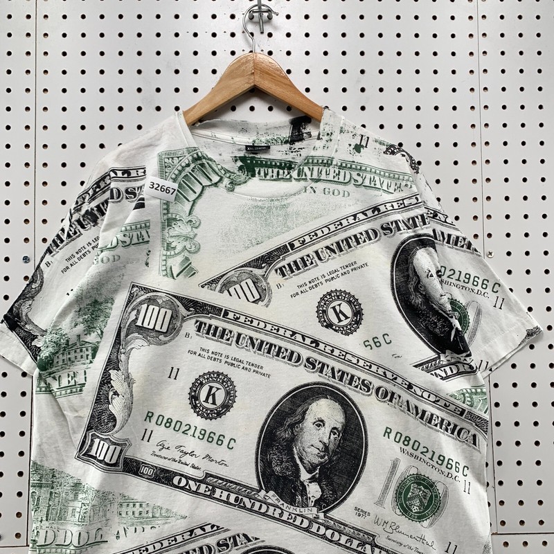 Vintage 90s USA Money CASH AOP Shirt Mens 2XL White All Over Print Hip Hop 24x29 gallery