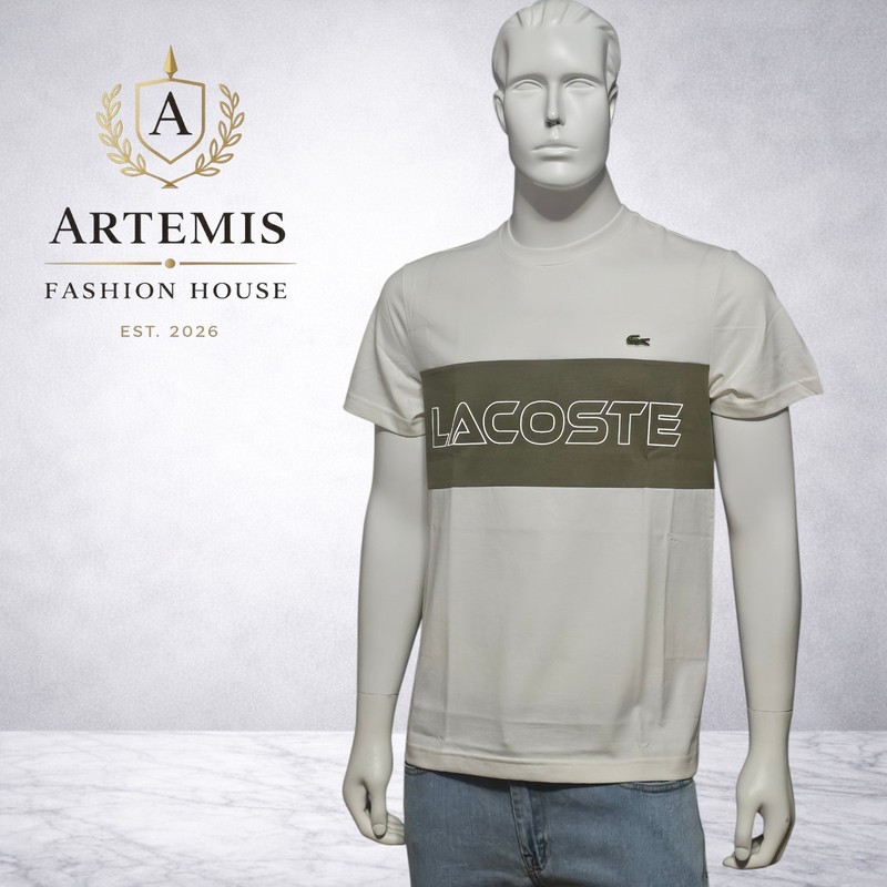 Lacoste Men’s Regular Fit Beige White Colorblock Graphic Print Tee Size Large
