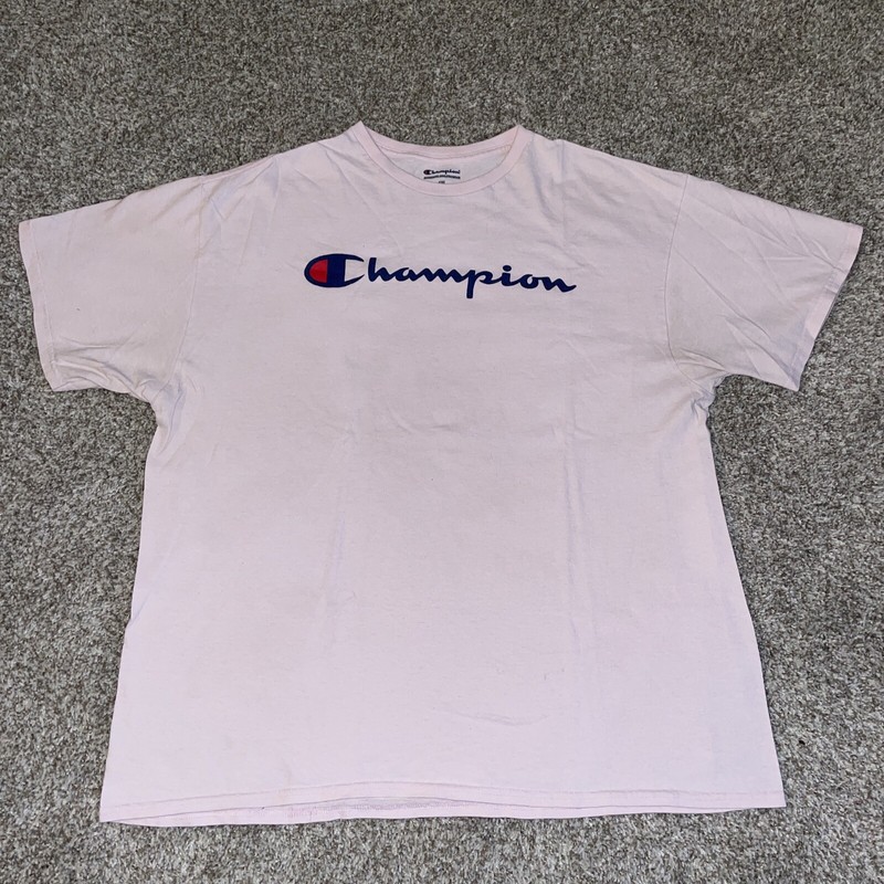 Mens Champion Authentic Athleticwear T-Shirt Pink Sz XL Big Logo Chest & Sleeve