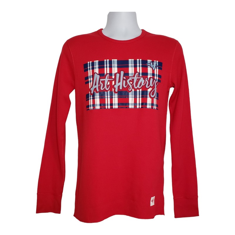 Art History Mens Plaid Spellout Graphic Waffle Knit Long Sleeve Top Red Sz Small