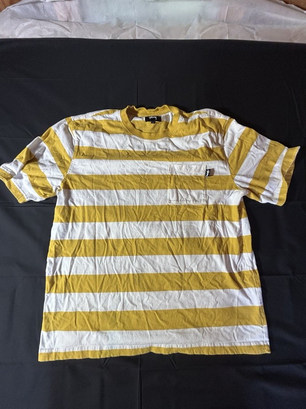Stussy Yellow White Striped Pocket Logo Cotton Knit T-Shirt Men’s XL