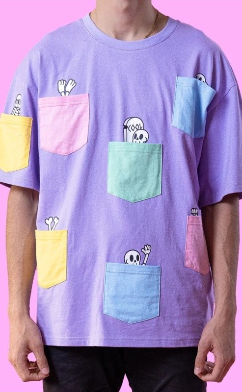 Rare Cool Men’s Skeleton Graphic Print Pocket T-Shirt Purple Cotton Short Sleeve