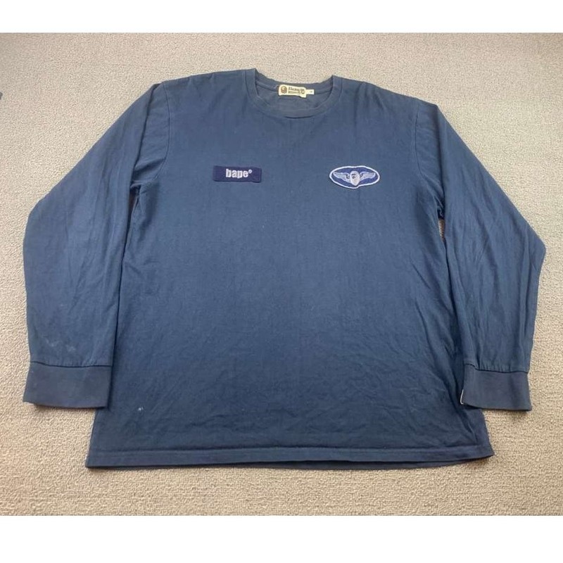 A Bathing Ape Long Sleeve T Shirt Men XL Navy Chest Logo Patch Tag Streetwear