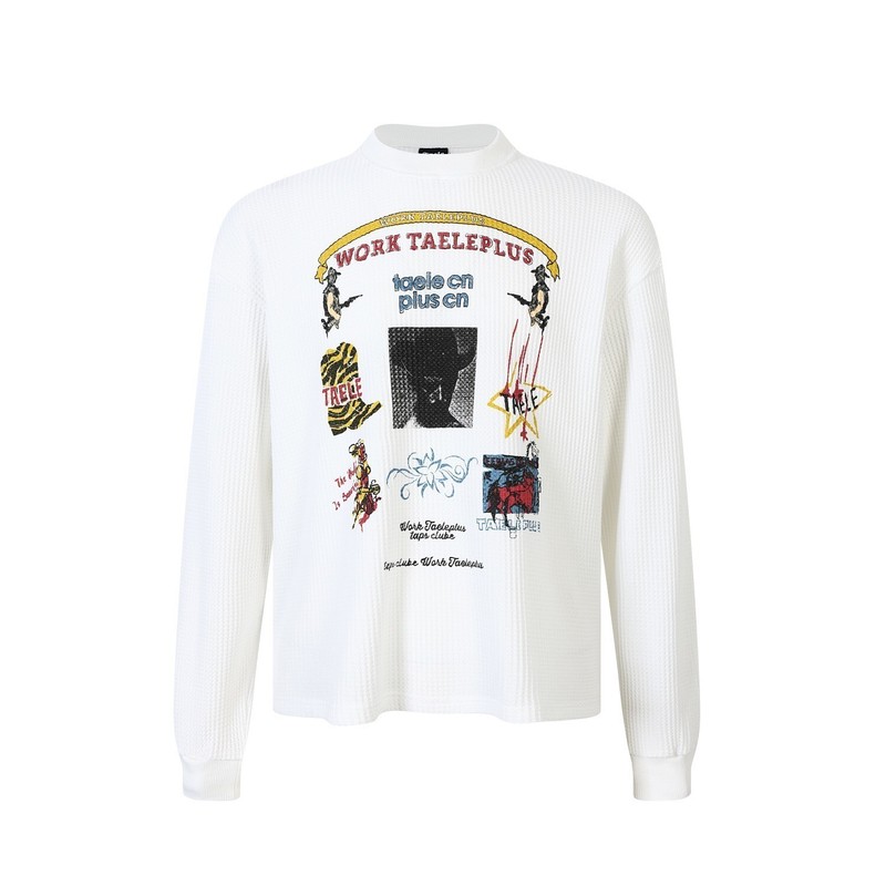 Men’s Work Taeleplus Waffle Knit Long Sleeve Tee Streetwear Y2K Graphic White