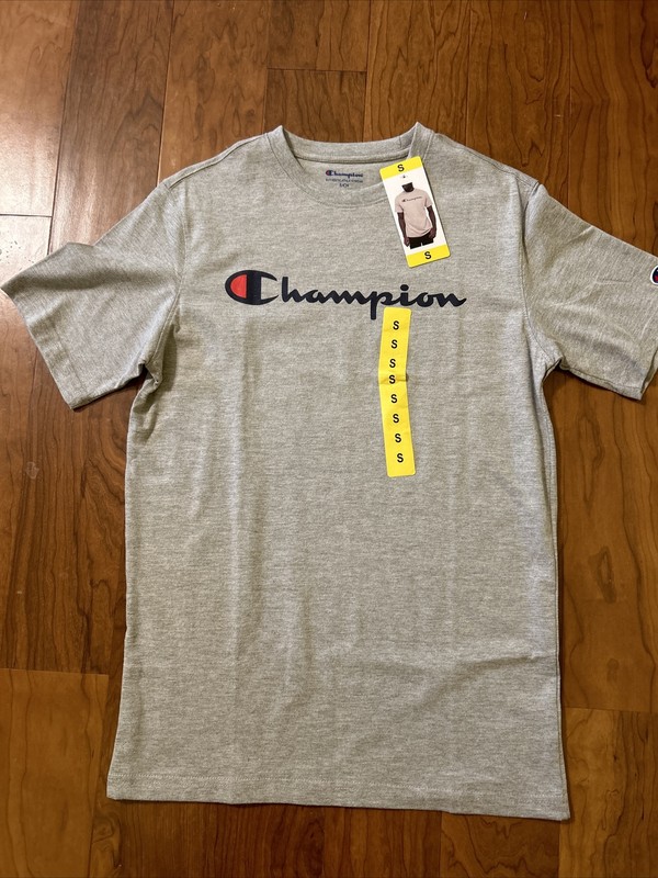 Champion T-Shirt Tee Men's Script Logo Jersey Tee Short Sleeve Gray Small