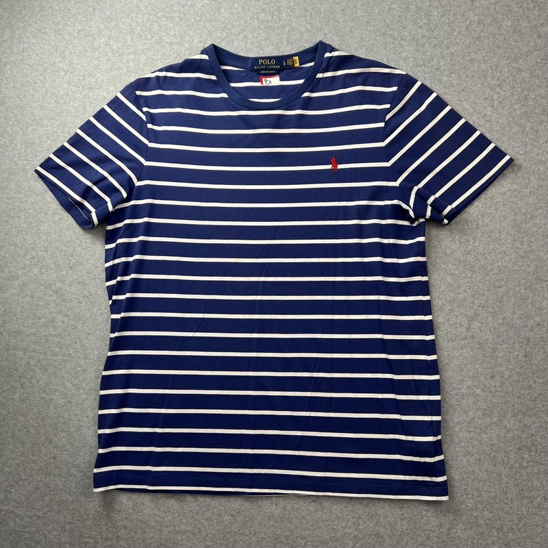 Polo Ralph Lauren Shirt Mens Large Blue White Stripe Custom Slim Fit Crewneck