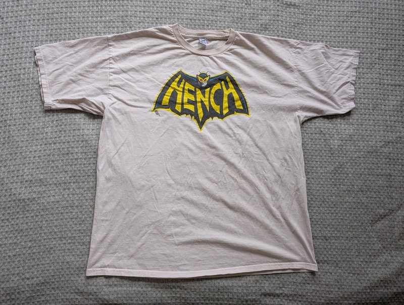 TeeFury Shirt Mens XL Beige HENCH Bat Logo Graphic Short Sleeve Crewneck Tee