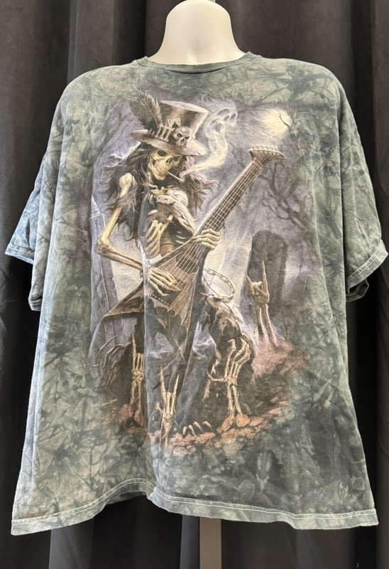 Vintage AOP SKELETON PLAYING GUITAR T-SHIRT GRAY TIE-DYE JAMES RYMAN SKULBONE