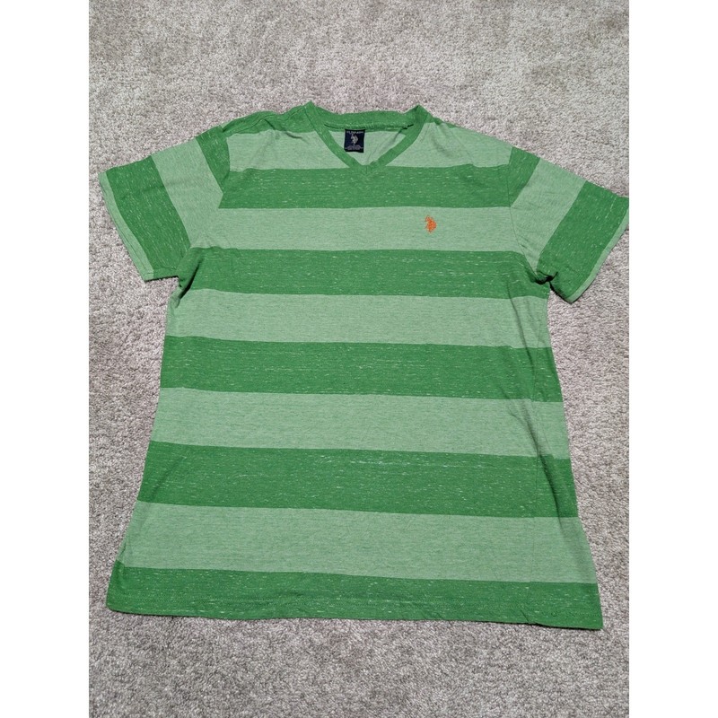 US Polo Assn Mens Green Striped V Neck T Shirt Size L Cotton Blend Casual