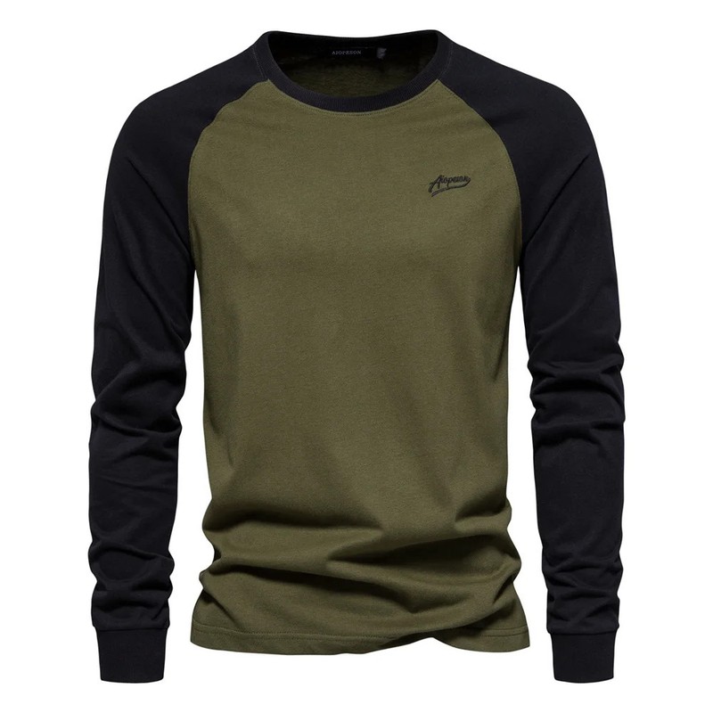 Men’s T-shirts 100% Cotton Long Sleeve O-neck Pactwork Casual T Shirt