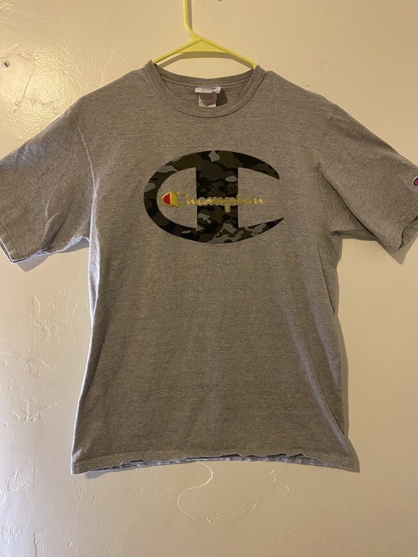 Vintage Champion T Shirt Gray w/Camo C Logo Patch on Sleeve RARE Design