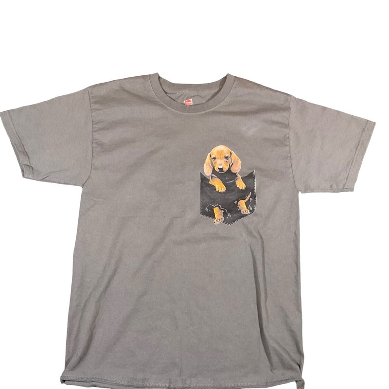 Hanes T-Shirt Men’s M Gray Dachshund Puppy In Pocket Tagless Dog Lovers