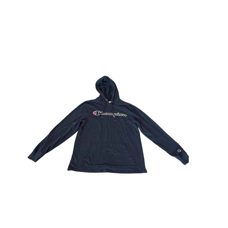 Champion Mens Navy Blue Long Sleeve Script Logo Hooded T-Shirt Size Medium
