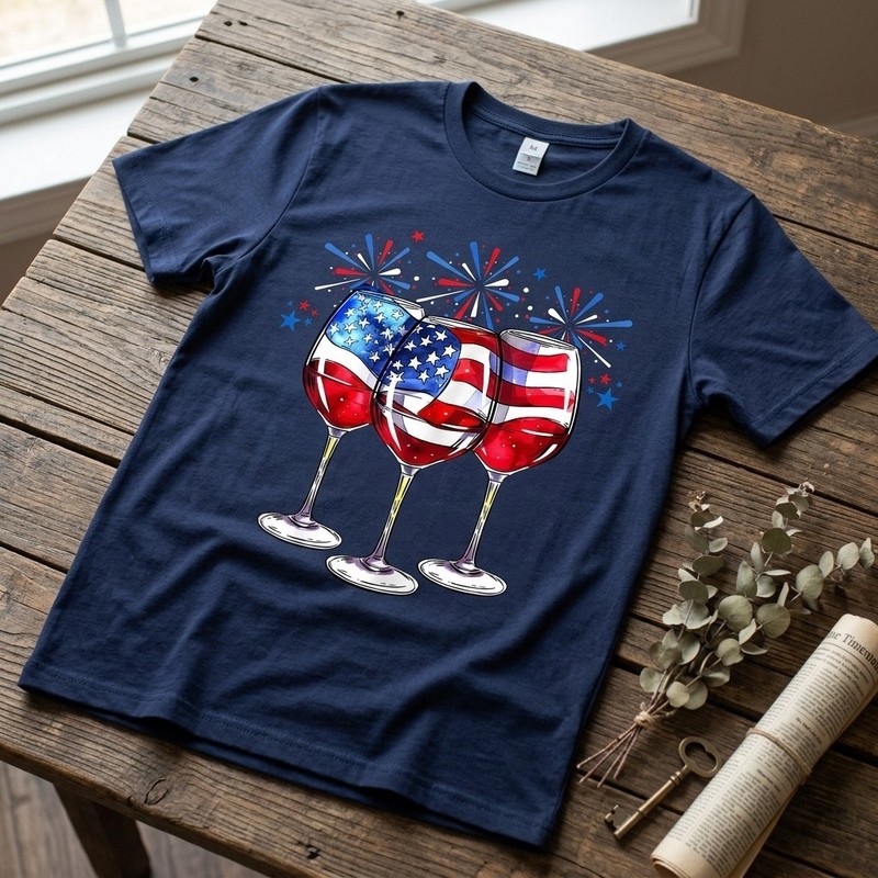 Patriotic Red White and Blue Wine Glasses 4th of July Ladies' Crewneck Tee A79 gallery