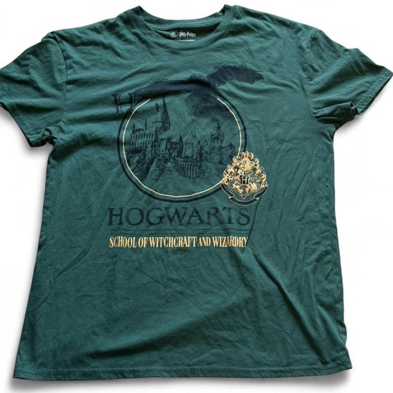 Harry Potter Hogwarts Graphic Print Green T-Shirt L Crew Neck Short Sleeve