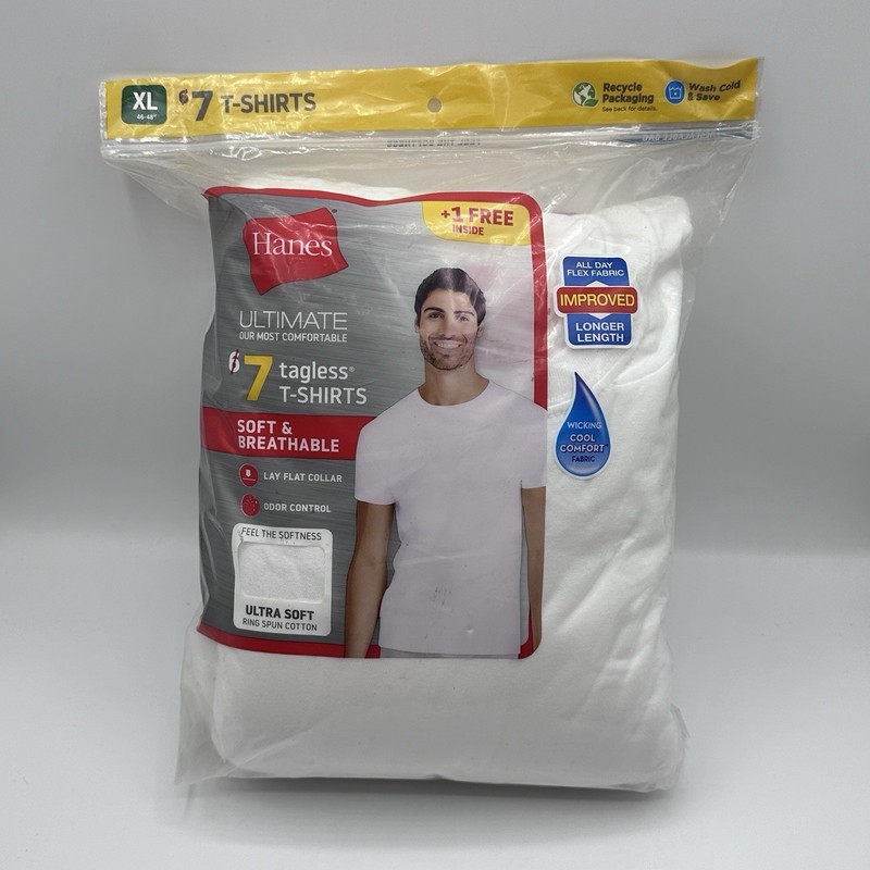 Hanes Men’s Pack Of 7 Tagless Ultra Soft White T Shirts Size X Large