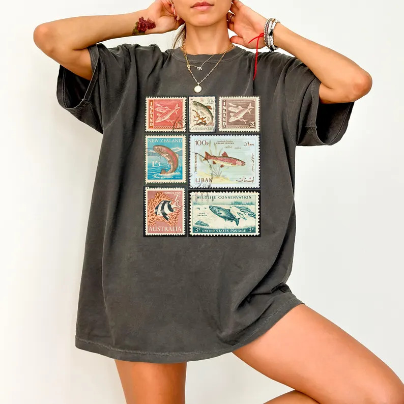 Vintage Stamp Fish Comfort Tee Retro Style Ocean Animal
