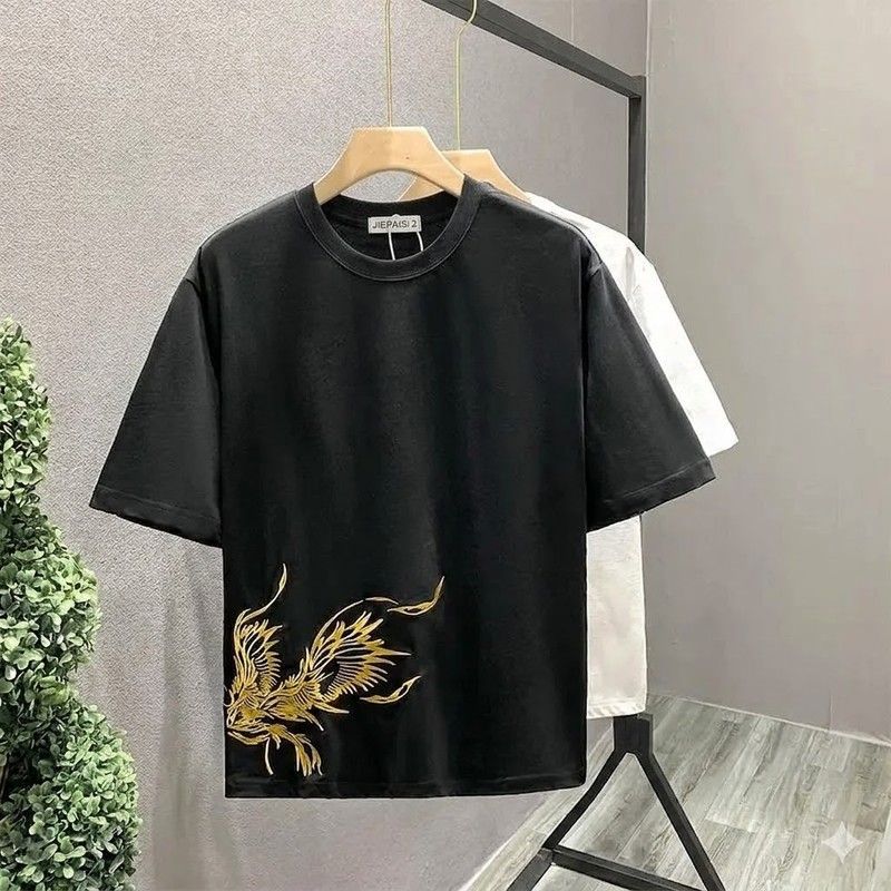 Men’s Premium Phoenix Embroidery Cotton T-Shirt Slim Fit Short Sleeve Tee M size