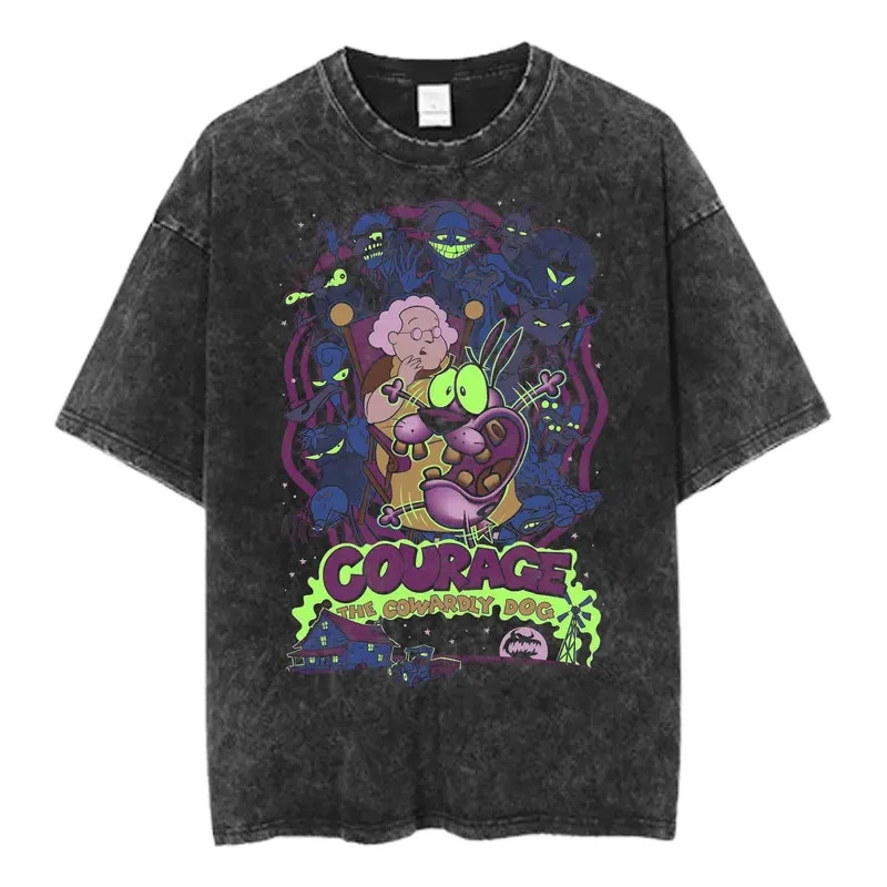 Neon Cartoon Dog T-Shirt Retro Acid Wash Graphic Tee