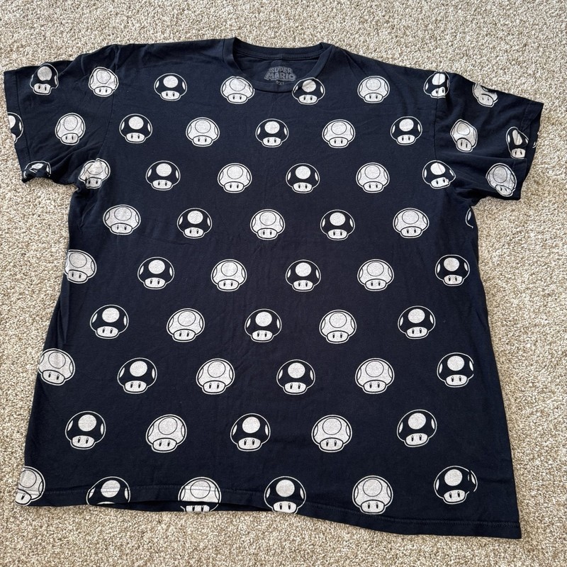 Super Mario Bros All Over Toad Head Black Men’s T Shirt Size 2XL