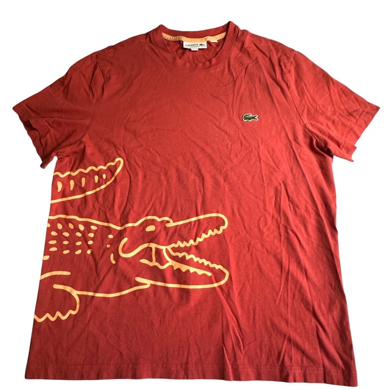 Lacoste Crocodile Graphic Tshirt Mens XL Short Sleeve Red Yellow Cotton Logo
