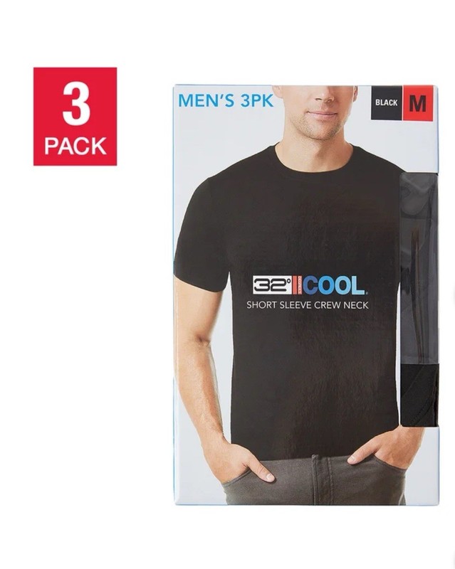 32 Degrees Cool Men’s T-Shirt 3 Pack Quick Dry Stretch Crew Neck New Black
