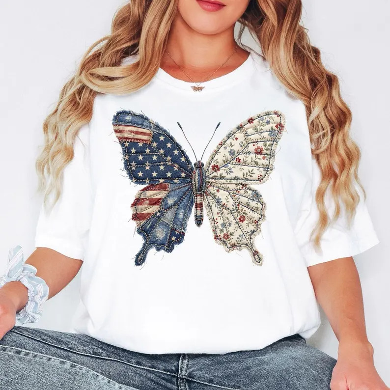 Patriotic Butterfly Shirt | 4th Of July American Flag Floral Tee | July 4th Gift