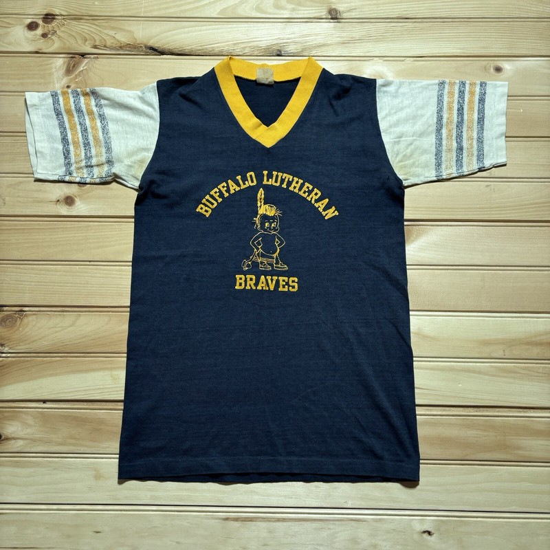 True Vintage 60s 70s Buffalo Lutheran Braves Single Stitch Ringer Shirt Small