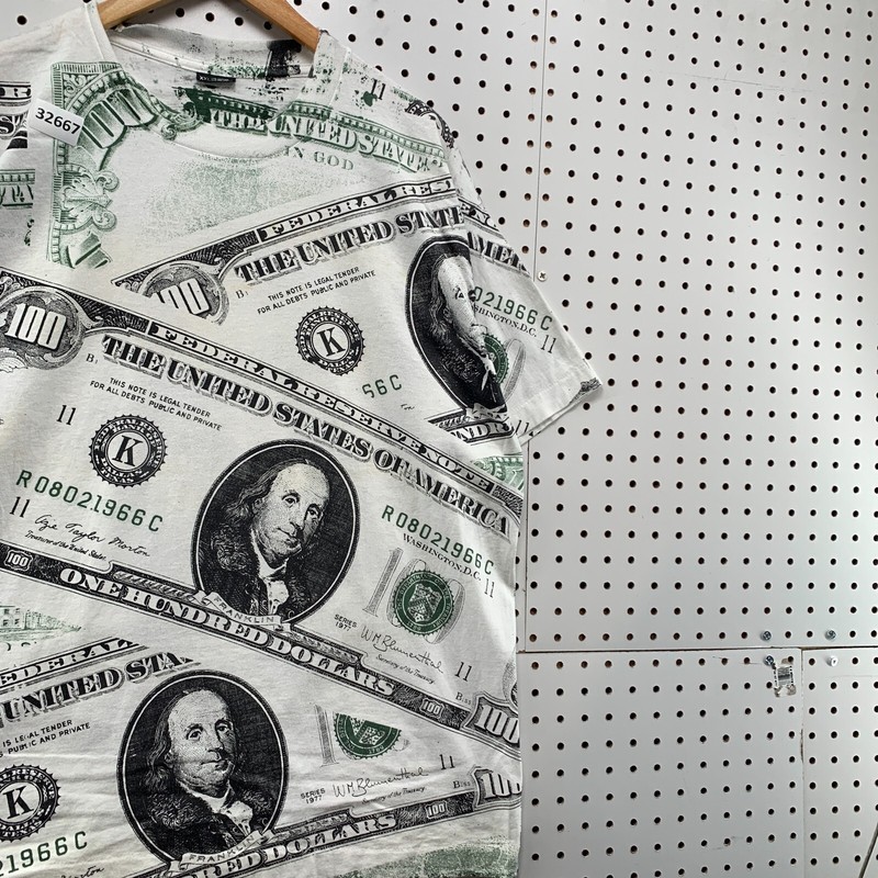 Vintage 90s USA Money CASH AOP Shirt Mens 2XL White All Over Print Hip Hop 24x29 gallery