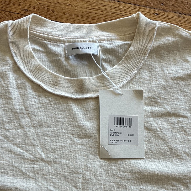 John Elliott Reversed Cropped SS Tee Beige Solid Logo Crew Neck Cotton Size S