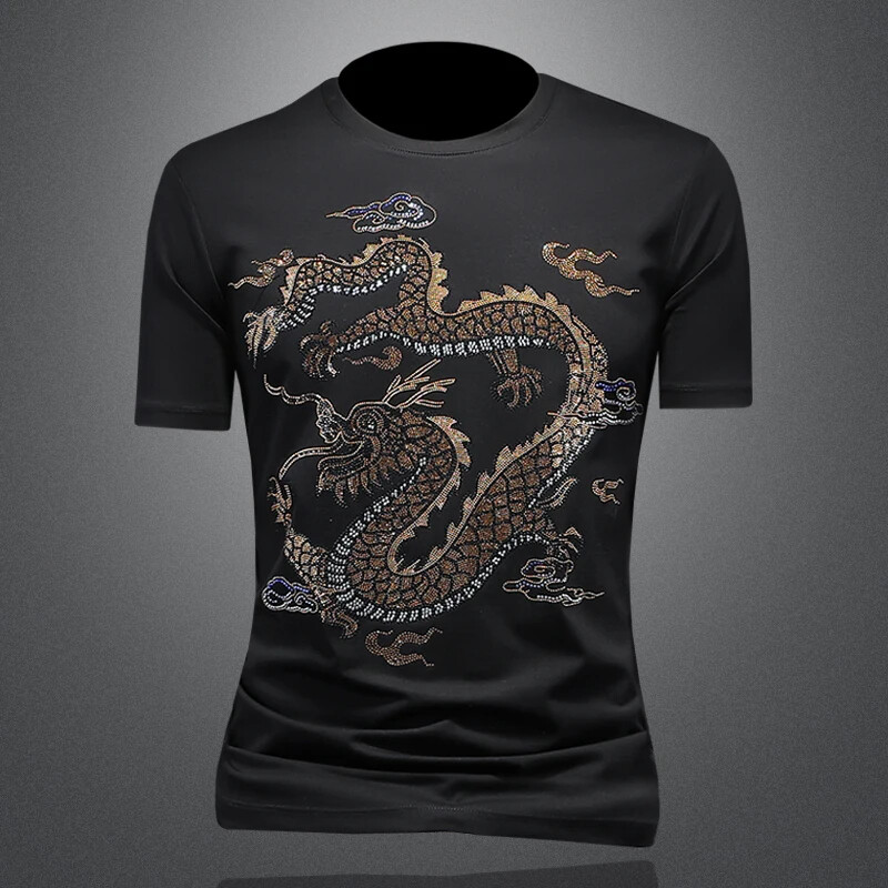 New Men Fashion Trend Dragon Diamonds Rhinestones Summer Luxury Cotton T-Shirt