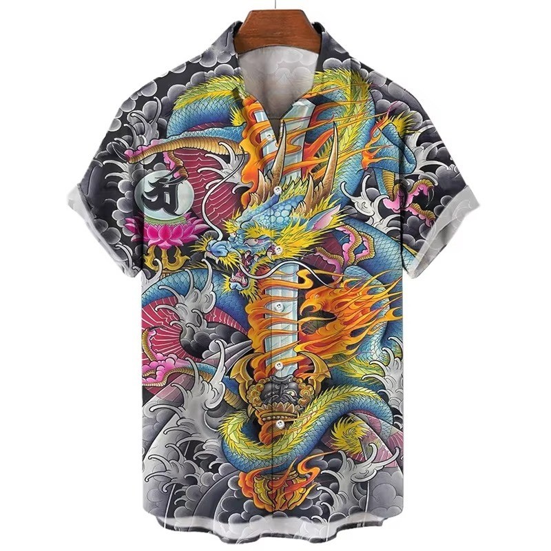 Mens Button Down Japanese Tiger Skull Print Hawaiian Top Novelty Summer Shirt