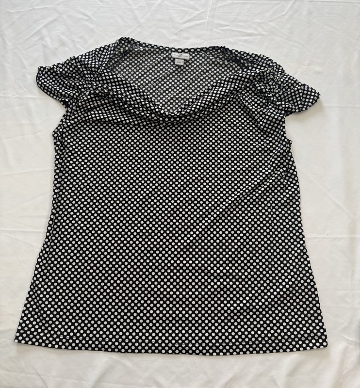 Black White Polka Dots Ruched Cap Sleeve Cowl Scoop Neck Stretchy Shirt Size L