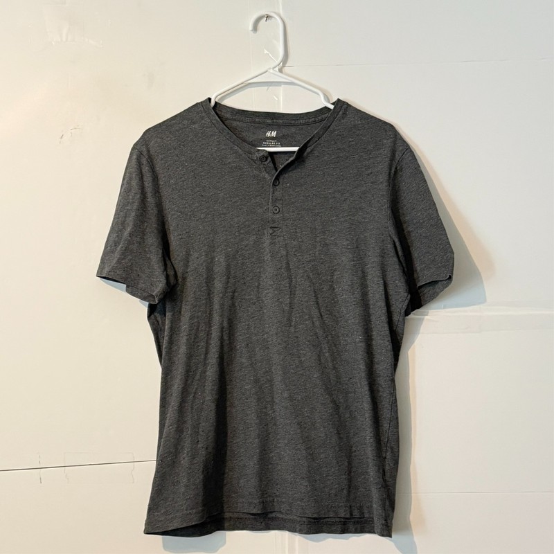 Hm Mens T-Shirt Size M Grey Henley Regular Fit Short Sleeve Button Pullover
