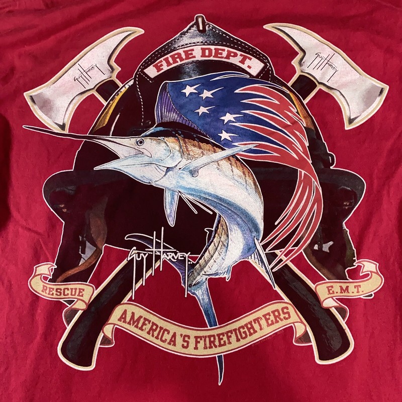 Guy Harvey BlueWater Firefighter Fire Department Swordfish Pocket T Shirt Size M